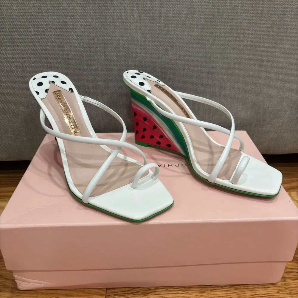 Sophia Webster White Leather Strappy Wedges with Playful Fruit-Print Heel